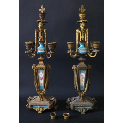 330 - A Pair of 19th Century Gilt Bronze Candelabra with Sevres style panels, 58cm