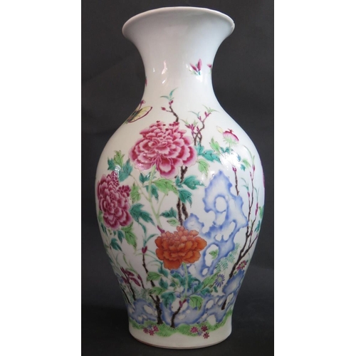 368 - A 19th Century Chinese Famille Rose Vase decorated with chrysanthemums and butterflies 37cm and one ... 