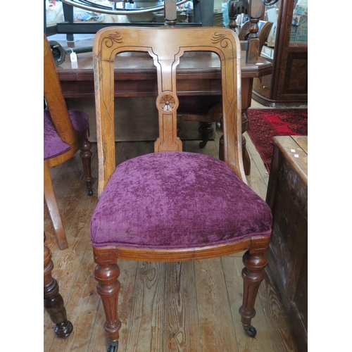 374 - A Set of Six Victorian Oak Dining Chairs with new purple plush upholstery (matching salon suite next... 