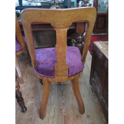 374 - A Set of Six Victorian Oak Dining Chairs with new purple plush upholstery (matching salon suite next... 