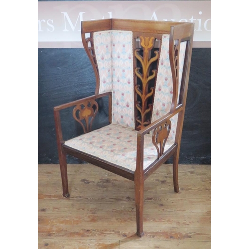 375 - An Art Nouveau Mahogany and Marquetry Inlaid Chair with 1992 bill of sale for over £600