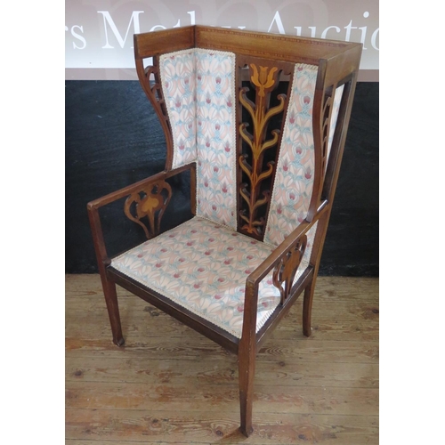 375 - An Art Nouveau Mahogany and Marquetry Inlaid Chair with 1992 bill of sale for over £600