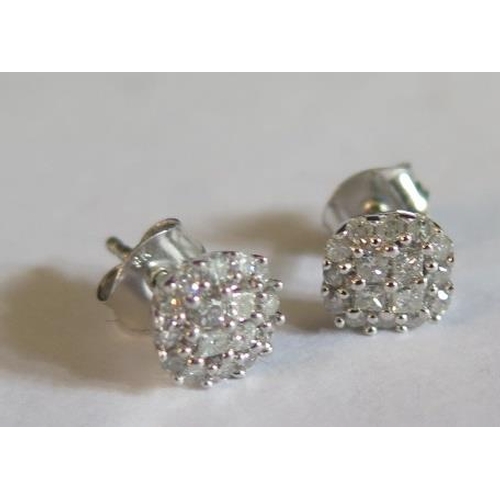 50 - A Pair of 9K White Gold and Diamond Cluster Earrings, .5ct, 1.7g