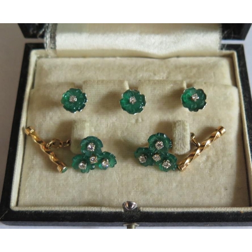 57 - An 18K Yellow Gold Emerald and Diamond Cufflink and Stud Set, 10.8g