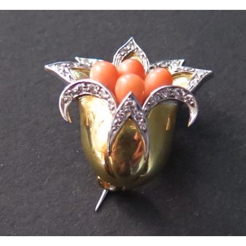 63 - A French Coral and Diamond Tulip Flower Head Brooch in an unmarked high carat yellow and white gold ... 