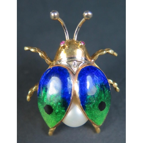 83 - An 18ct Yellow Gold, Enamel, Pearl, Ruby and Diamond Decorated Insect Brooch, 34mm long, 11.1g in Br... 