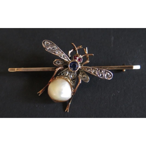 84 - A Large Insect Brooch inlaid with sapphire, rubies, blister pearl and rose cut diamonds in a preciou... 