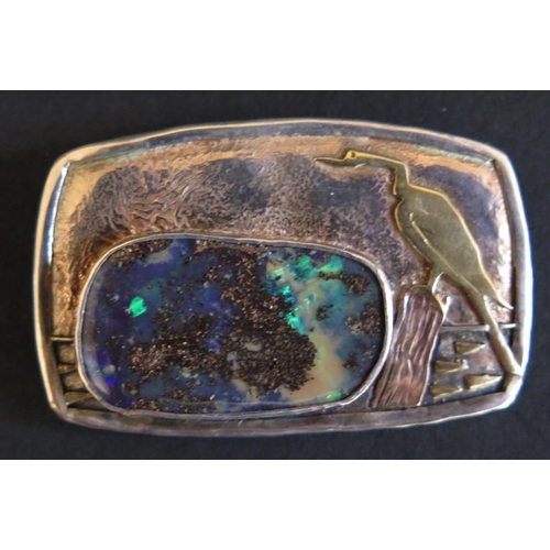 86 - A Charmian Harris Boulder Opal Mounted Rectangular Brooch with applied cormorant, maker's stamp CH, ... 