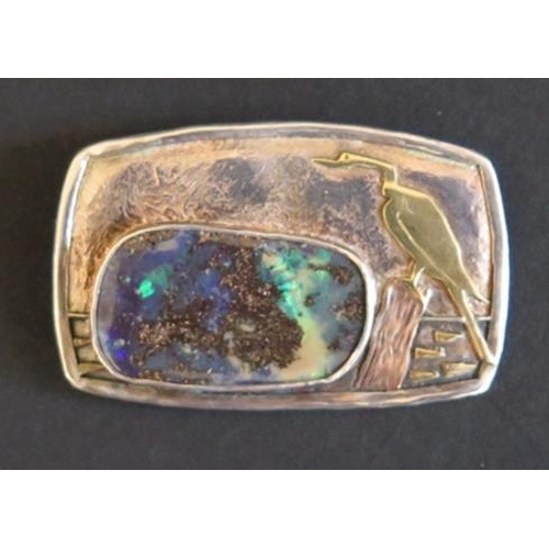 86 - A Charmian Harris Boulder Opal Mounted Rectangular Brooch with applied cormorant, maker's stamp CH, ... 