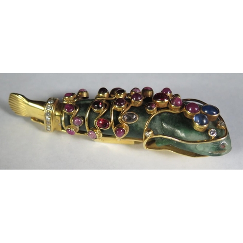 96 - A Moghul Style Carved Jadeite Fish with high carat gold mount set with cabochon rubies, sapphires an... 