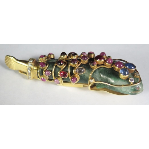 96 - A Moghul Style Carved Jadeite Fish with high carat gold mount set with cabochon rubies, sapphires an... 