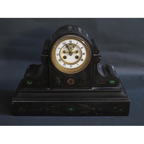 183 - A 19th Century Black Slate and Malachite Inlaid Mantle Clock with striking movement, 39cm wide