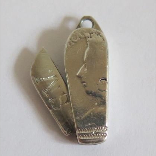 111 - A WWI P.O.W. Trench Art Silver Penknife Charm, made from a Victorian silver coin, 35mm extended