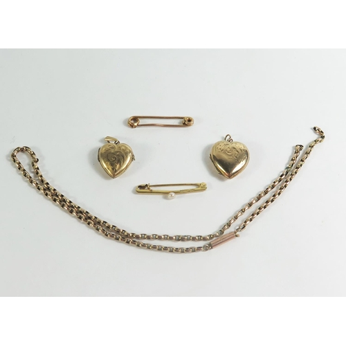 112A - A Damaged 9ct Gold Chain and two 9ct gold brooches, 8.2g and two gold plated heart lockets