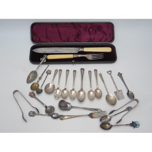 134 - A Selection of Silver Teaspoons, sugar tongs etc., plated teaspoons, Secessionist pewter spoon and c... 