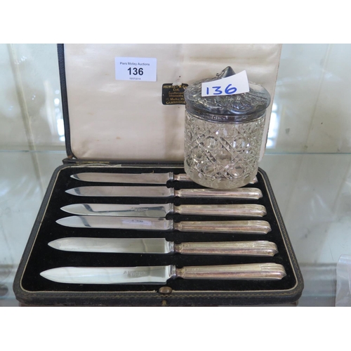 136 - A Set of Six Silver Handled Tea Knives and silver top cut glass dressing table pot