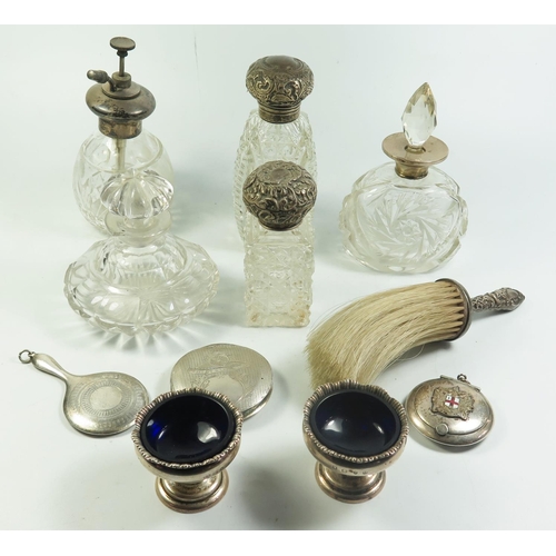 136B - A Selection of Silver Mounted Dressing Table Bottles, pair of Birmingham silver salts, etc.