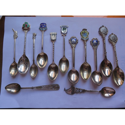 138 - A Selection of Silver and Plated Enamel Collectors Spoons including four Irish (53g) etc.