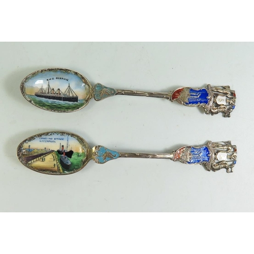 145 - A Pair of Edward VII Silver and Enamel Maritime Collectors Spoons decorated with R.M.S. Oceanic and ... 