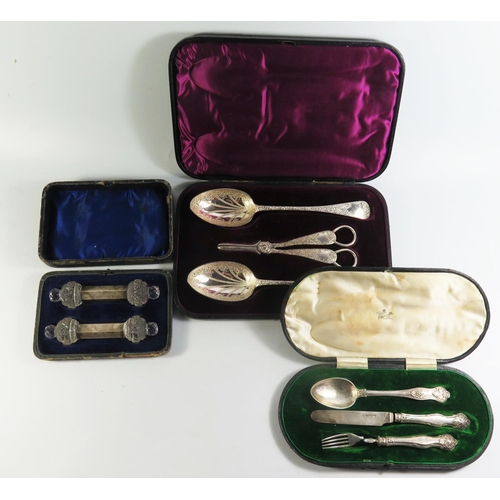 145A - A Cased Set of Grape Scissors and Serving Spoons, damaged three part silver christening set and silv... 