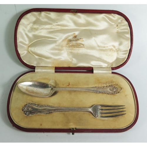 146E - An Edward VII Cased Silver Christening Spoon and Fork, Sheffield 1905, Mappin & Webb, 65g