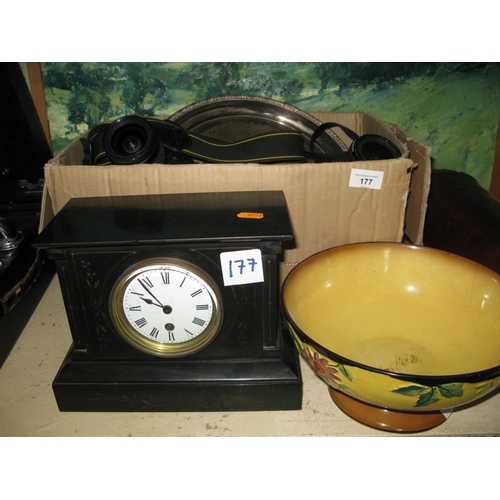 177 - A Box of Plated Ware including biscuit barrel, trays and flatware, 19th century slate mantle clock a... 