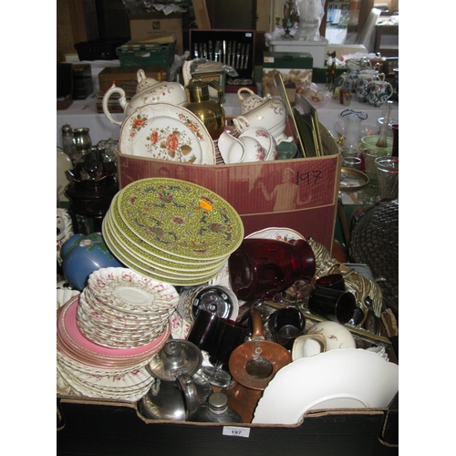 197 - Two Boxes of Oddments including ceramics, plated ware, brass, etc.