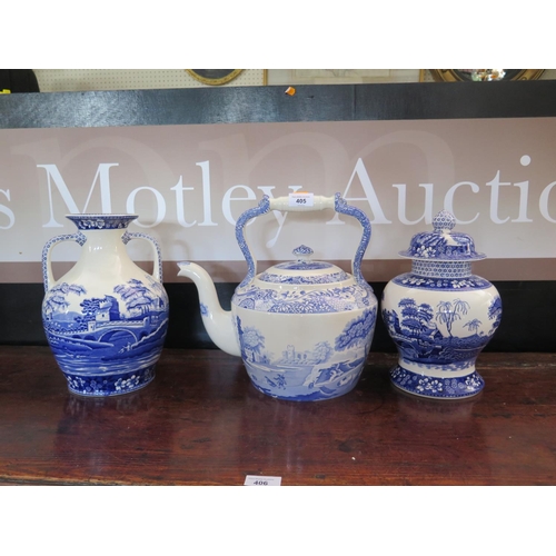 405 - A Large Spode Blue and White Teapot, two handled vase and vase with cover