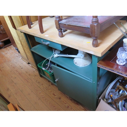 636 - Industrial Metal Table with cupboard, drawer below And A Angle Pose Lamp