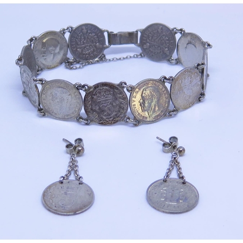 70 - A Three Pence Coin Bracelet with matching earrings