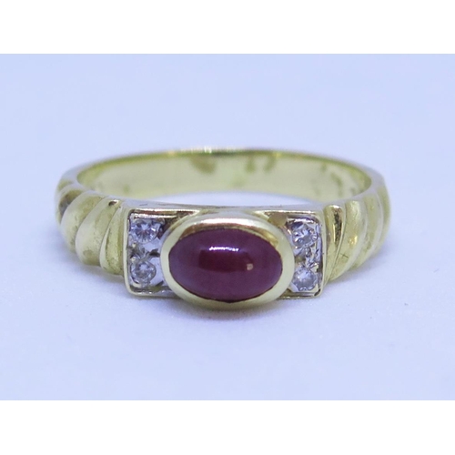 88 - A 14K Yellow Gold, Cabochon Ruby and Diamond Dress Ring, size K, 2.8g