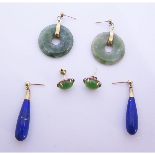 92 - A Pair of 9ct Gold Mounted Jadeite Hoop Earrings and two other pairs WITHDRAWN