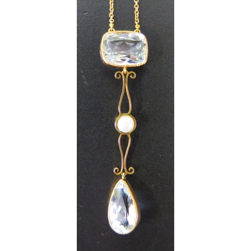 637 - A 15ct Gold, Aqua Marine and Pearl Pendant on integral necklace, 50mm drop, 4.4g