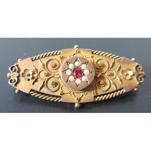 651 - A 9ct Gold, Ruby and Pearl Brooch, 4.6g