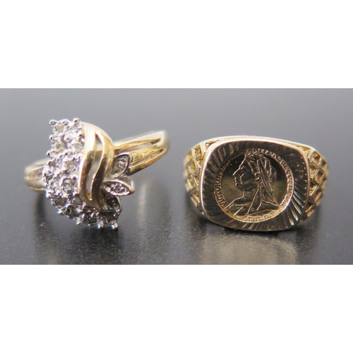 657 - A 9ct Gold and Diamond Ring and 9ct miniature replica sovereign ring, 5.5g