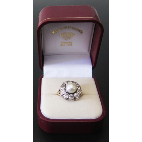 661 - An Old Cut Diamond and Pearl Cluster Ring in a high carat precious yellow metal setting, EDW 2.4ct, ... 