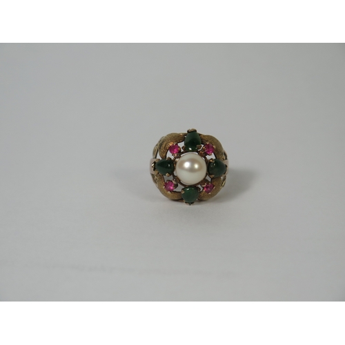 666A - A Chinese Pearl, Jade and Ruby Ring, size J.5, 18mm head diameter, unmarket gold setting