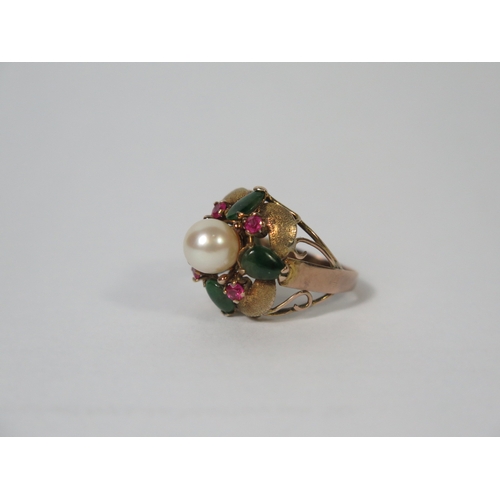 666A - A Chinese Pearl, Jade and Ruby Ring, size J.5, 18mm head diameter, unmarket gold setting