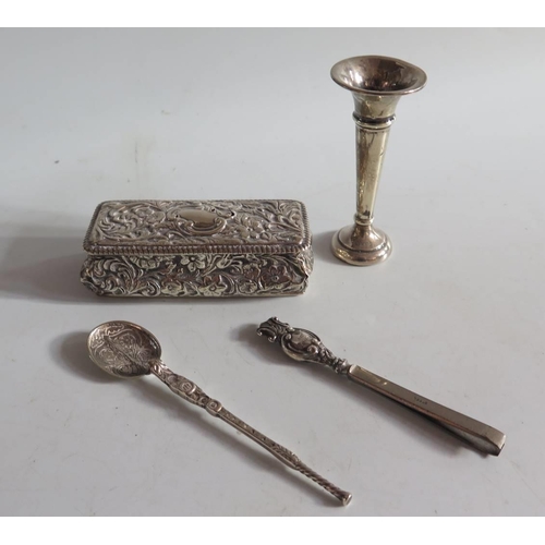 36 - A Birmingham Silver Box, loaded silver specimen vase, spoon and tweezers