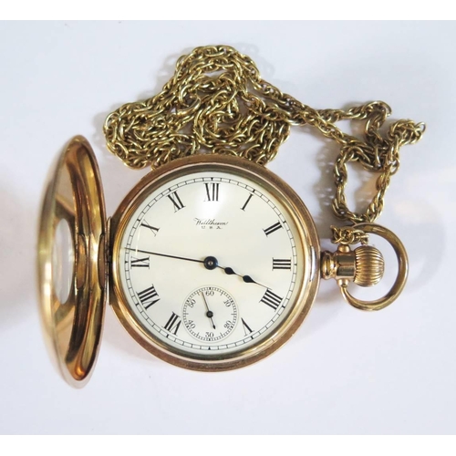 75A - A Waltham Half Hunter Keyless Pocket Watch in a gold plated case, A/F