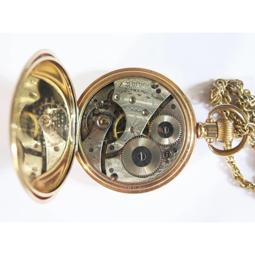 75A - A Waltham Half Hunter Keyless Pocket Watch in a gold plated case, A/F