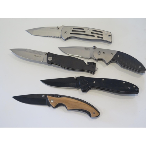 227 - Five Folding Knives including Timberline7543 Zambezi Backup Plain Edge, Cheeteah, Tomahawk, Frost Ta... 