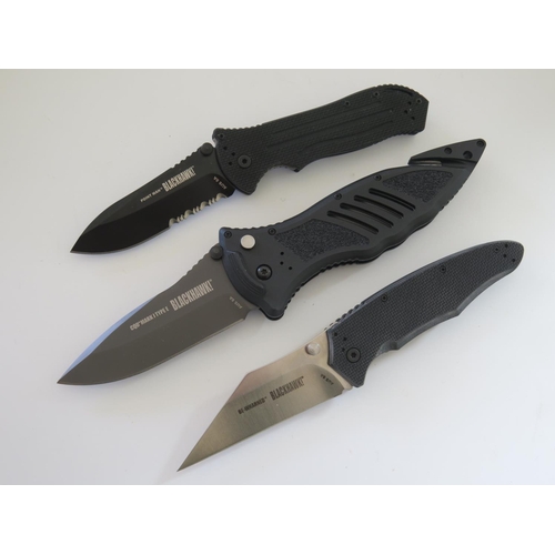 300 - Three Blackhawk! Knives: Point Man Serrated Black 15PM11BK, Be Wharned BB15BW01SL and CQD Mark 1 Typ... 