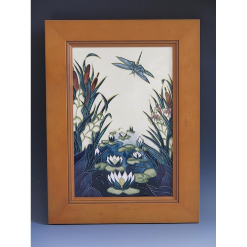 103 - A Modern Moorcroft Dragonfly Pattern Plaque, dated 95 and framed by The Art Studio, 42x31.5cm overal... 