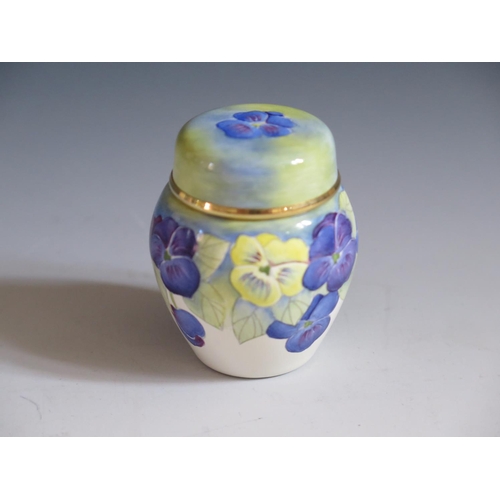 110 - A Modern Moorcroft Enamel Pansy Ginger Jar, 5.5cm, dated 98 and initialled AR, boxed