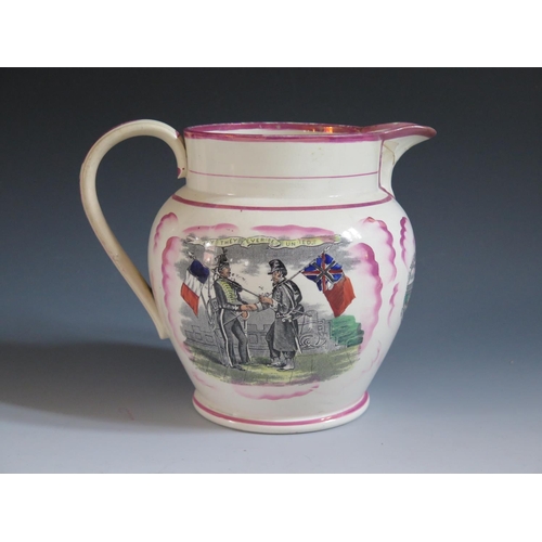 13 - A Sunderland Lustre Crimea War Jug decorated in polychrome with two scenes titled 'May They Ever Be ... 