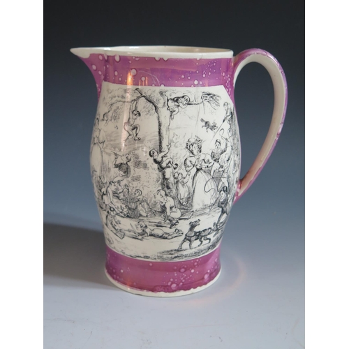 21 - A Grays Pottery Lustre Pitcher decorated in monochrome with Transfer scenes by Cruickshank, 19.5cm, ... 