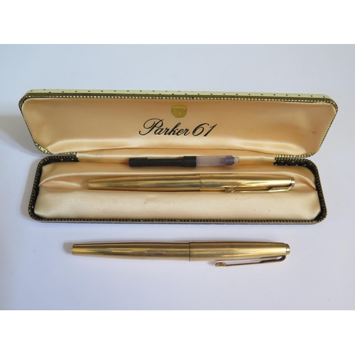 311 - Two Parker 61 12ct Rolled Gold Fountain Pens, one boxed. Both damaged for spares or repair