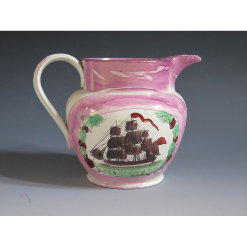 39 - A Sunderland Lustre Jug decorated in polychrome with a three masted ship and poetic text 'A Sailors ... 