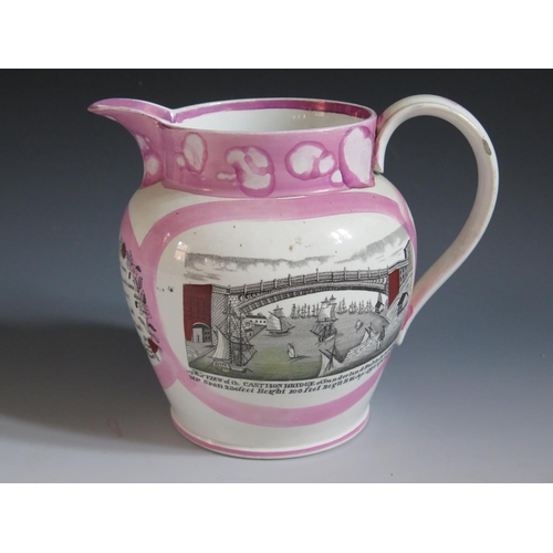 42 - A Sunderland Lustre Jug _ Mariners Arms _ with polychrome decoration of The Iron Bridge and poetic t... 